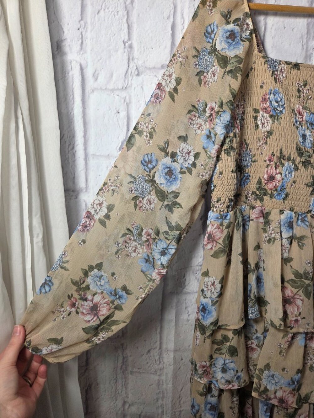 Madden NYC XL Beige Floral Smocked Mini Dress Peasant Boho Fairy Tiered Forest - Picture 3 of 9